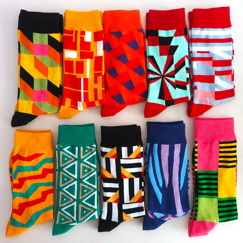 10 Pairs/Lot Funny Happy Men Socks Crew Socks Colorful Combed Cotton Christmas Rhombus Casual Fashion Autumn Big Size Men Socks