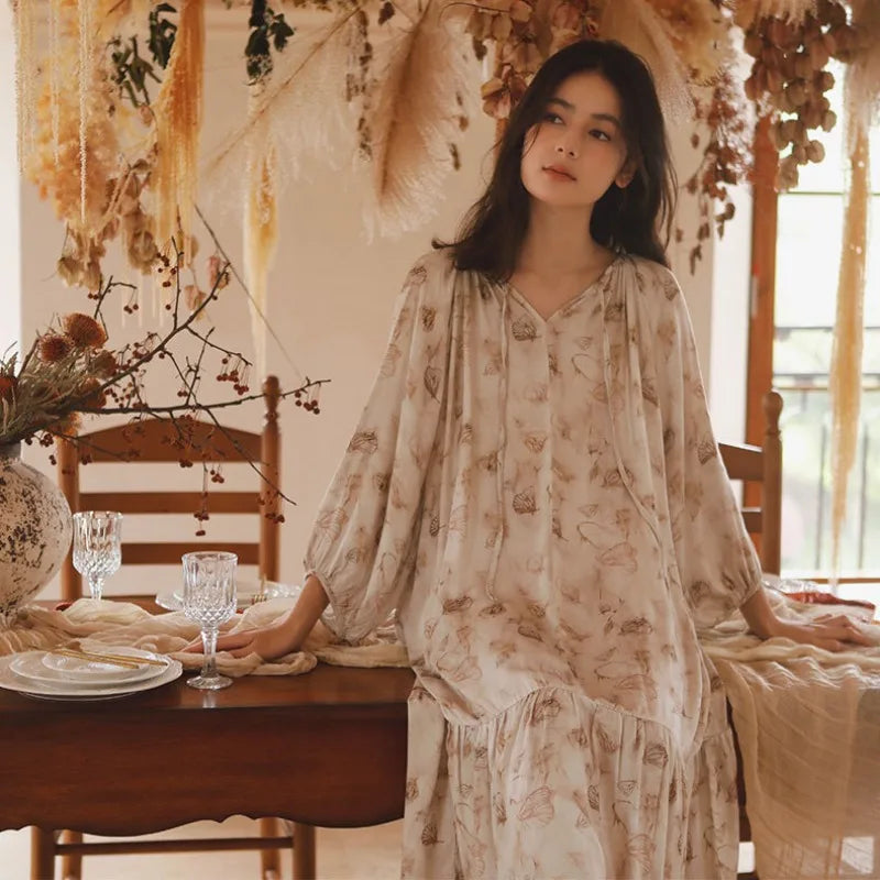 2024 Spring Satin Sleep Dress Elegant and Elegant Printed Backless Pullover Long Sleeved Nightwear for Women's Home Sleepwear