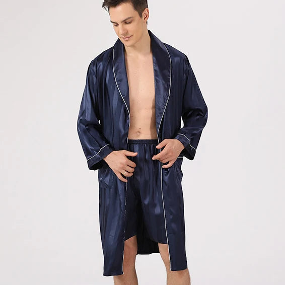 Men Pajamas Satin Kimono Robe Gown With Pants Thin Nightgown Two-pieces Bathrobe&Trousers Suit Summer Long Sleeve Nightwear