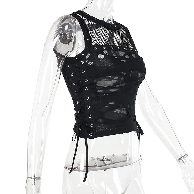 Gothic Ripped Fishnet Panel Grommet Side Lace Up Sexy Vest Black Round Neck Women Crop Tank Top
