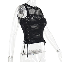 Gothic Ripped Fishnet Panel Grommet Side Lace Up Sexy Vest Black Round Neck Women Crop Tank Top