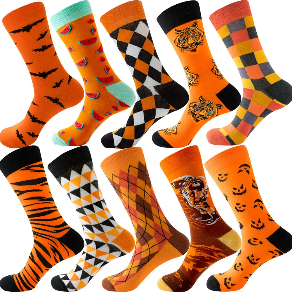 10 Pairs/Lot Funny Happy Men Socks Crew Socks Colorful Combed Cotton Christmas Rhombus Casual Fashion Autumn Big Size Men Socks