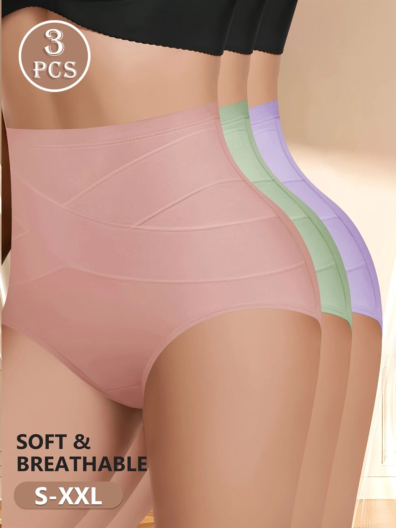 MIOTAN 3-Pack Women's High-Waisted Briefs Tummy Control Butt Lifting Soft Breathable Cotton Panties - Cross-Back Seamless