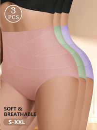 MIOTAN 3-Pack Women's High-Waisted Briefs Tummy Control Butt Lifting Soft Breathable Cotton Panties - Cross-Back Seamless