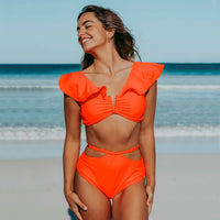 2025 New Sexy High Waist Ruffled Bikini Set Flounce Swimwear Women Swimsuit Solid Strappy Beachwear V-neck Bathing Suit Biquini
