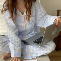 Cotton Women's Pajamas Korean Sleepwear Female 2 Piece Set Pijama Plaid Nightwear Autumn Pyjamas Home Clothes Loungewear