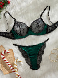 Women's Sexy Satin Lace Lingerie Set - See Through Push Up Bra &Brazilian Panties, Sheer Strappy for Valentine's Christmas Gifts