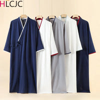 2025 New Japanese Kimono Robe Spring/Summer Men Nightgown 100% Cotton Large Size Bathrobe Men's Mid Length Home Robes Pajamas