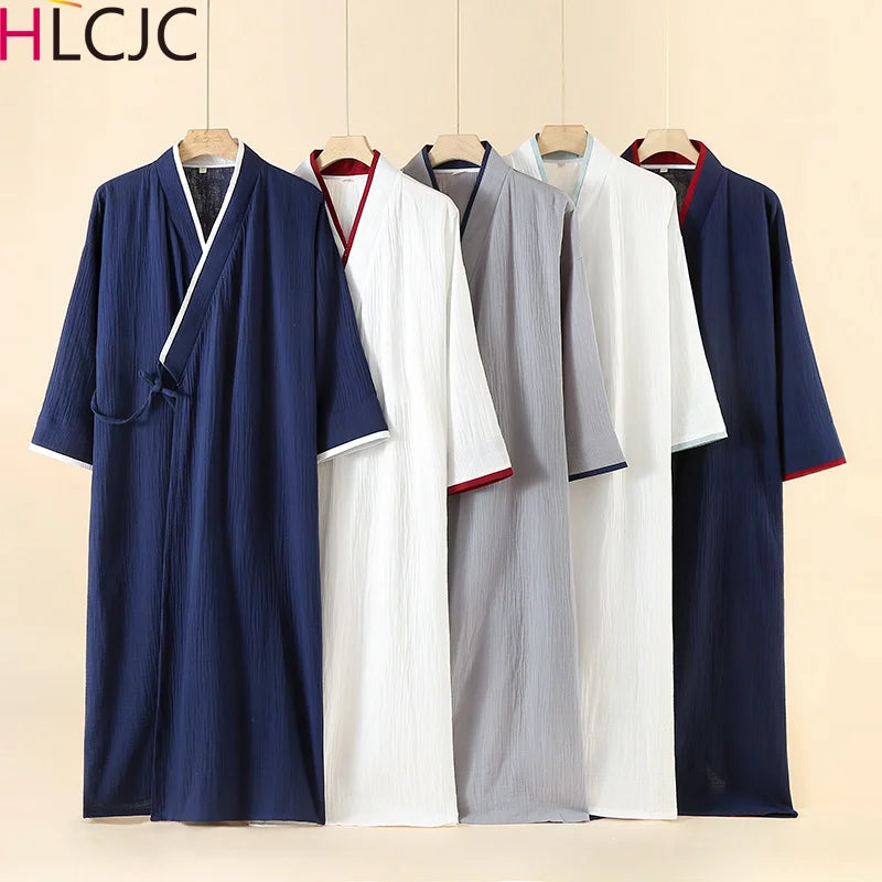 2025 New Japanese Kimono Robe Spring/Summer Men Nightgown 100% Cotton Large Size Bathrobe Men's Mid Length Home Robes Pajamas