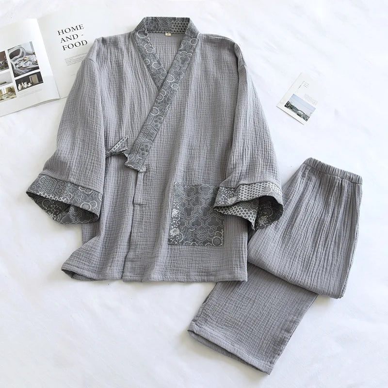 New Men's Cotton Pajama Sets Japanese Kimono Plus Size Long Sleeve Pant Suit Casual Comfortable Home Service Two-piece Sleepwear