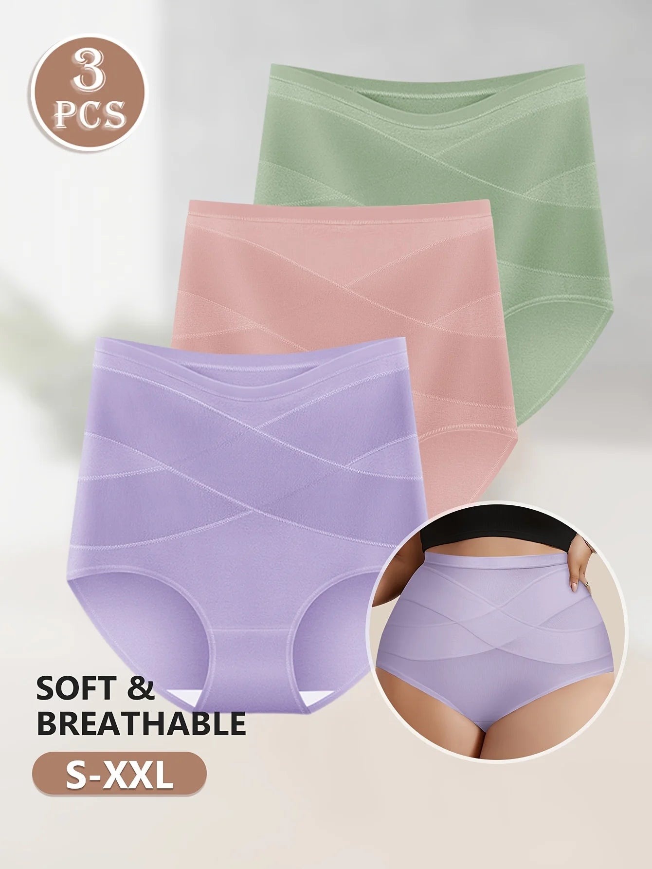 MIOTAN 3-Pack Women's High-Waisted Briefs Tummy Control Butt Lifting Soft Breathable Cotton Panties - Cross-Back Seamless