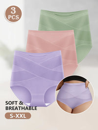 MIOTAN 3-Pack Women's High-Waisted Briefs Tummy Control Butt Lifting Soft Breathable Cotton Panties - Cross-Back Seamless