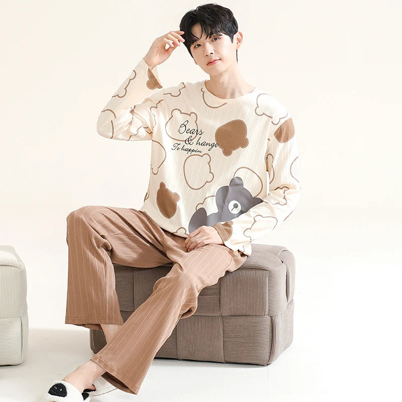Autumn Cotton Pijama for Men Plus Size 3XL Lounge Pyjamas Set Male 2 Pieces Set Sleepwear Sleeping Top Pant Home Suit 2022