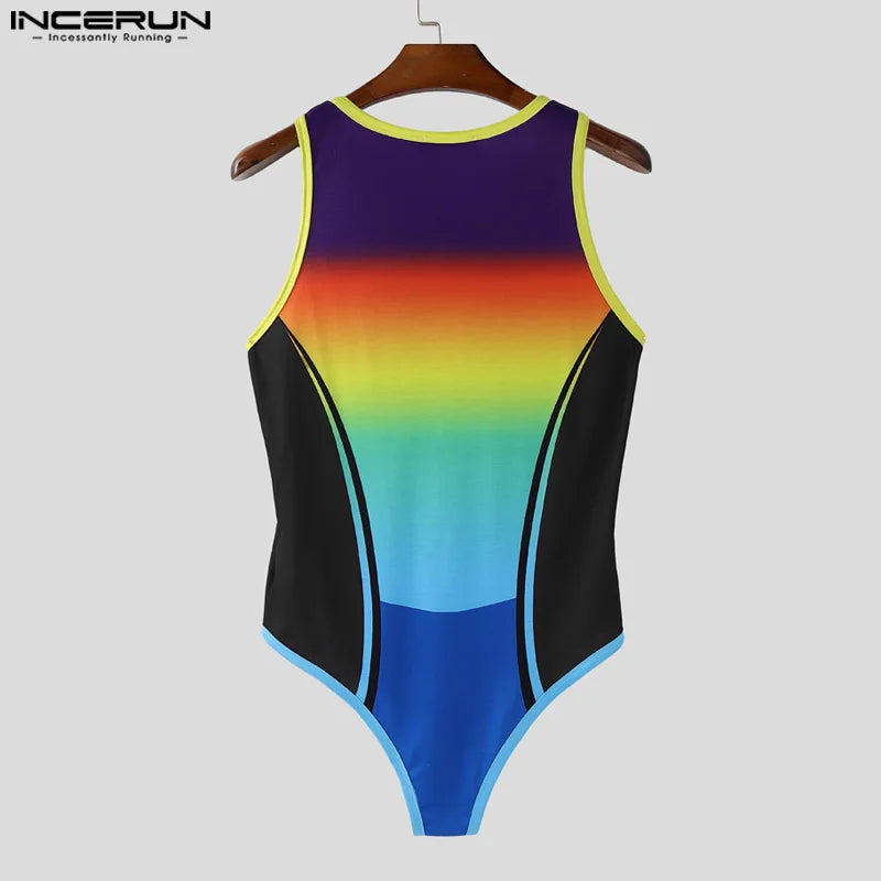 INCERUN Men Bodysuits Patchwork Printing Gradient O-neck Sleeveless Male Rompers Workout Playsuits 2025 Fashion Casual Bodysuit