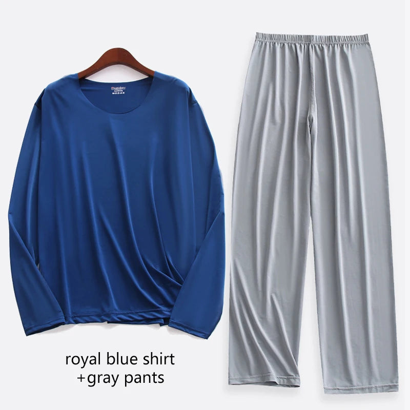 Large Size Men Ice Silk Pajamas Solid Shirt & Pants 2Pcs Pijamas Sleep Set Thin Home Clothing Sleepwear Summer Nightwear Suit