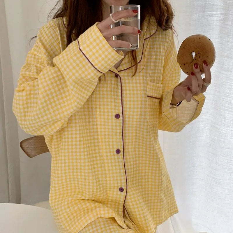 Cotton Women's Pajamas Korean Sleepwear Female 2 Piece Set Pijama Plaid Nightwear Autumn Pyjamas Home Clothes Loungewear