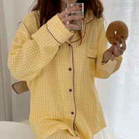 Cotton Women's Pajamas Korean Sleepwear Female 2 Piece Set Pijama Plaid Nightwear Autumn Pyjamas Home Clothes Loungewear