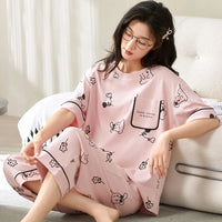 Knitted Cotton Pijama Cartoon Pajamas Sets Women Pyjamas Summer Sleepwear Mujer Nightwear Plus Size Calf-Length Pants Homewear