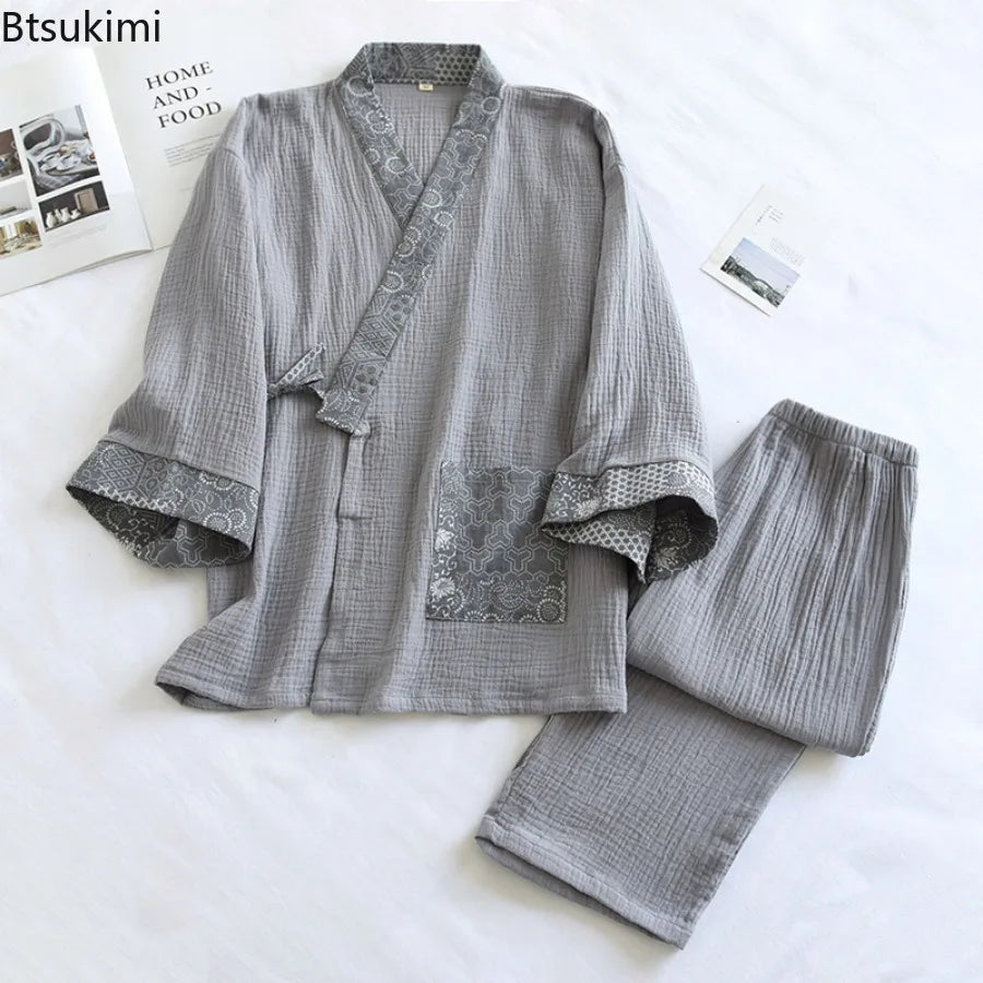 New Men's Cotton Pajama Sets Japanese Kimono Plus Size Long Sleeve Pant Suit Casual Comfortable Home Service Two-piece Sleepwear