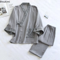 New Men's Cotton Pajama Sets Japanese Kimono Plus Size Long Sleeve Pant Suit Casual Comfortable Home Service Two-piece Sleepwear