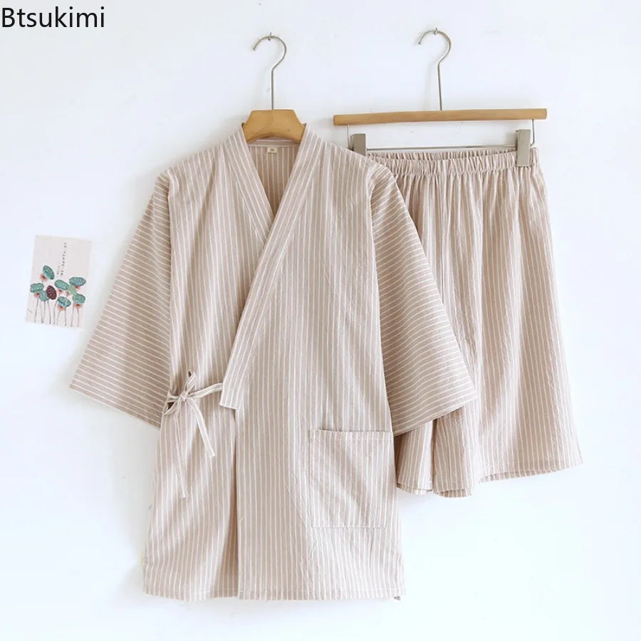 2026 Men's Summer 100% Cotton Pajama Sets Loose Bathrobes V-Neck Kimono Pijama Striped Half Sleeve and Shorts Men Homewear Suit