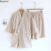 2026 Men's Summer 100% Cotton Pajama Sets Loose Bathrobes V-Neck Kimono Pijama Striped Half Sleeve and Shorts Men Homewear Suit
