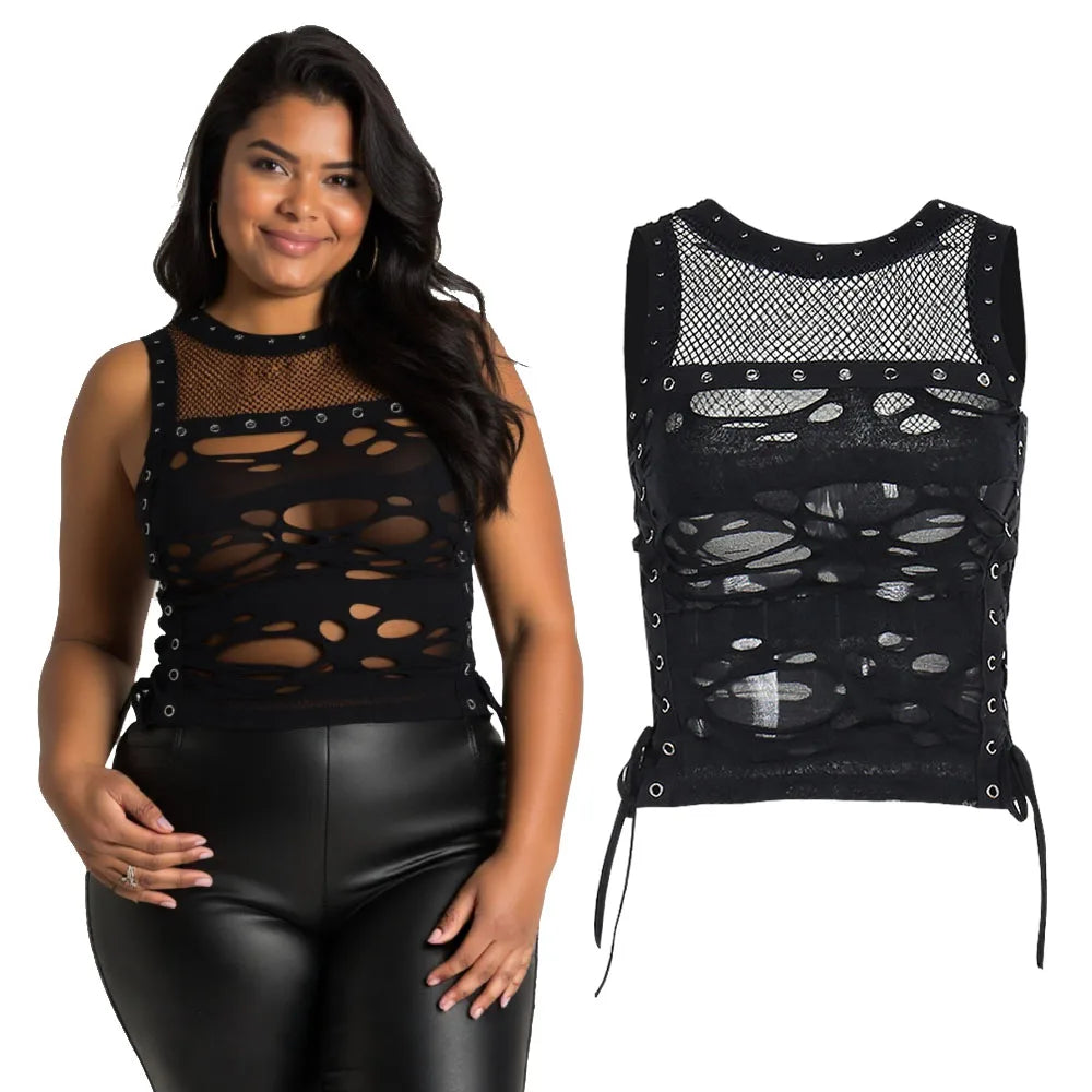 Gothic Ripped Fishnet Panel Grommet Side Lace Up Sexy Vest Black Round Neck Women Crop Tank Top