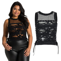 Gothic Ripped Fishnet Panel Grommet Side Lace Up Sexy Vest Black Round Neck Women Crop Tank Top
