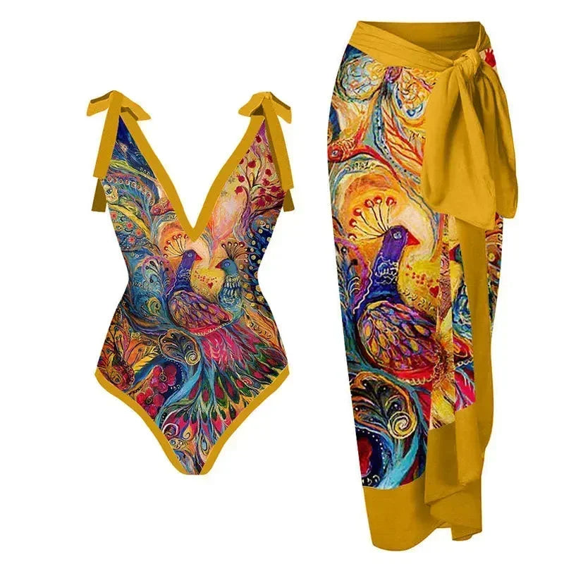 2026 New 2-Piece Women Bikini Set Bodysuit Skirt Cover Ups Sets Women Swimsuit Bandage Bathing Fashion Print Splice Beach Suit
