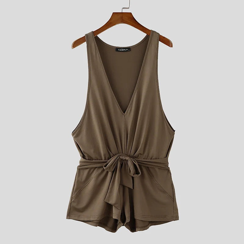 INCERUN Men Sleeveless Sexy Bodysuits 2024 Summer Deep V-Neck Elegant Fashion Onesies Handsome Comfortable Homewear Loungewear